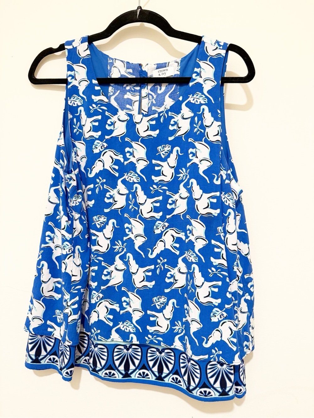 crown & ivy Royal Blue and White Printed Tank Top